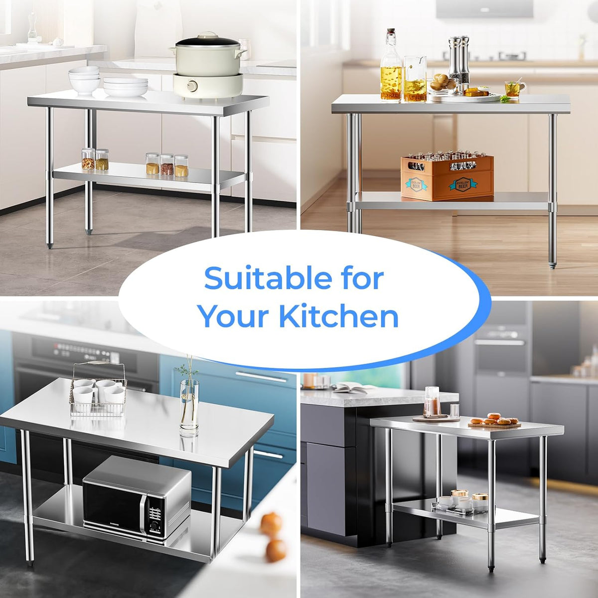 NUUK Stainless Steel Worktable 24 x 48 Inch Heavy Duty Commercial Workstation Adjustable Height