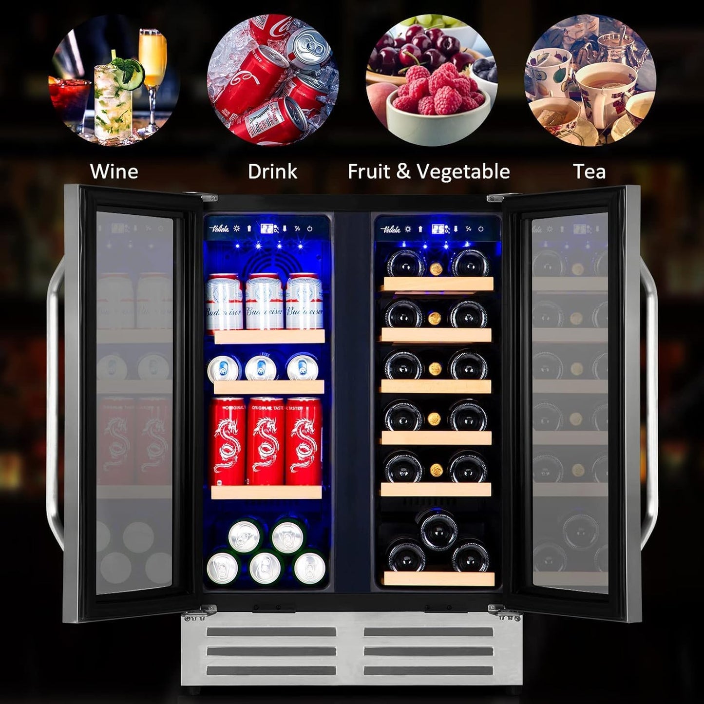 Wine and Beverage Refrigerator, 24 Inch Dual Zone Fridge with Glass Door, Built-In Cooler with