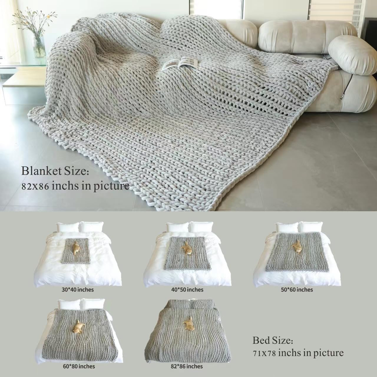 Maetoow Chenille Chunky Knit Blanket Throw (82×86 Inch), Handmade Warm & Cozy Blanket Couch, Bed