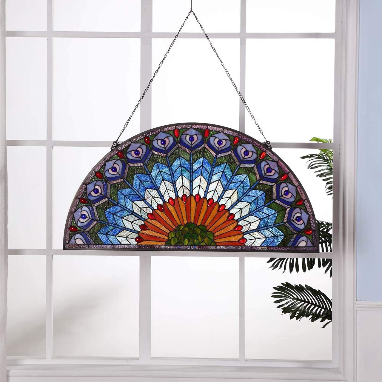 Bieye W10034 Peacock Feather Tiffany Style Stained Glass Window Panel Hangings with Chain, 36