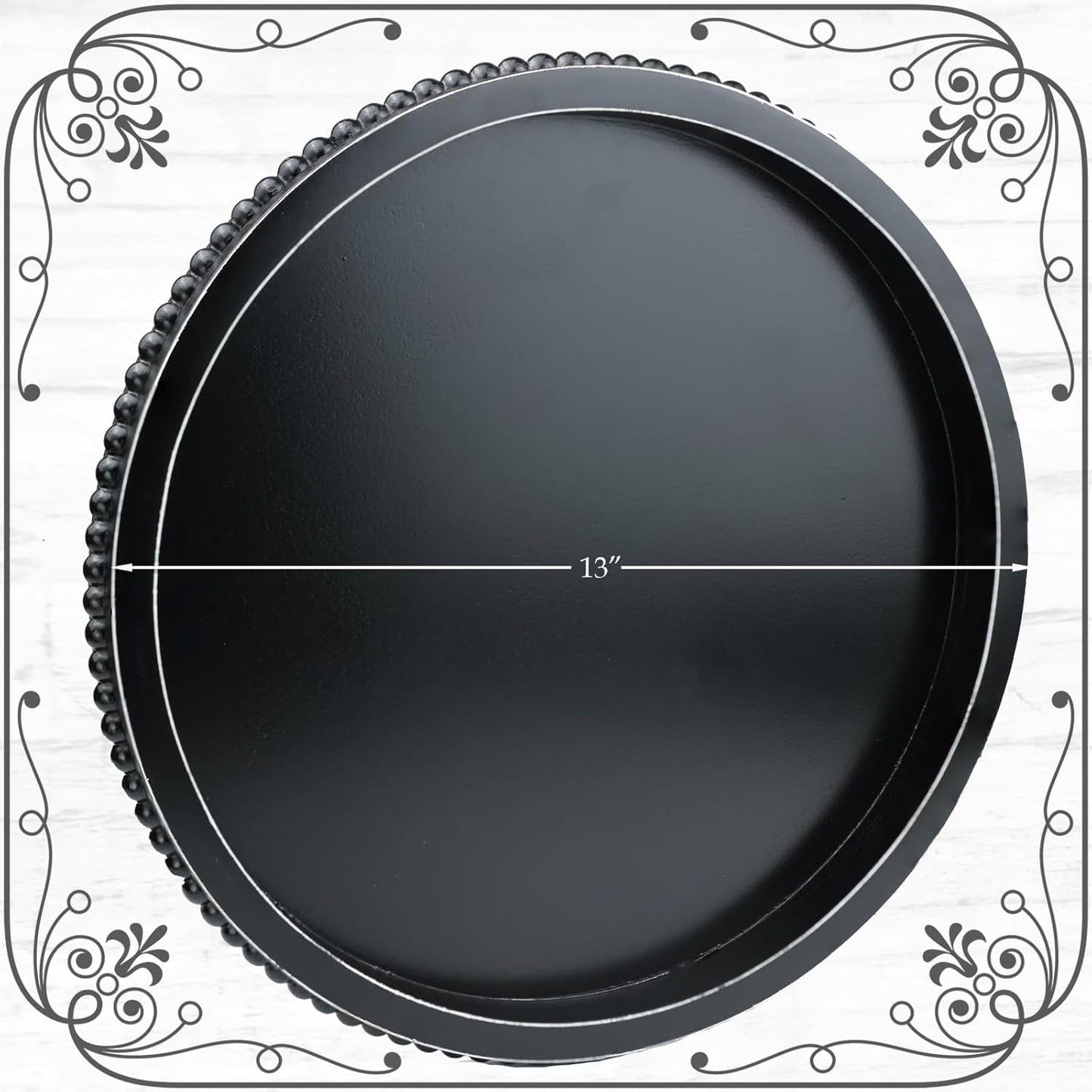 Round Black Wood Serving Tray with Beads, Wooden Decorative Tray for Entertaining, Decoration, and