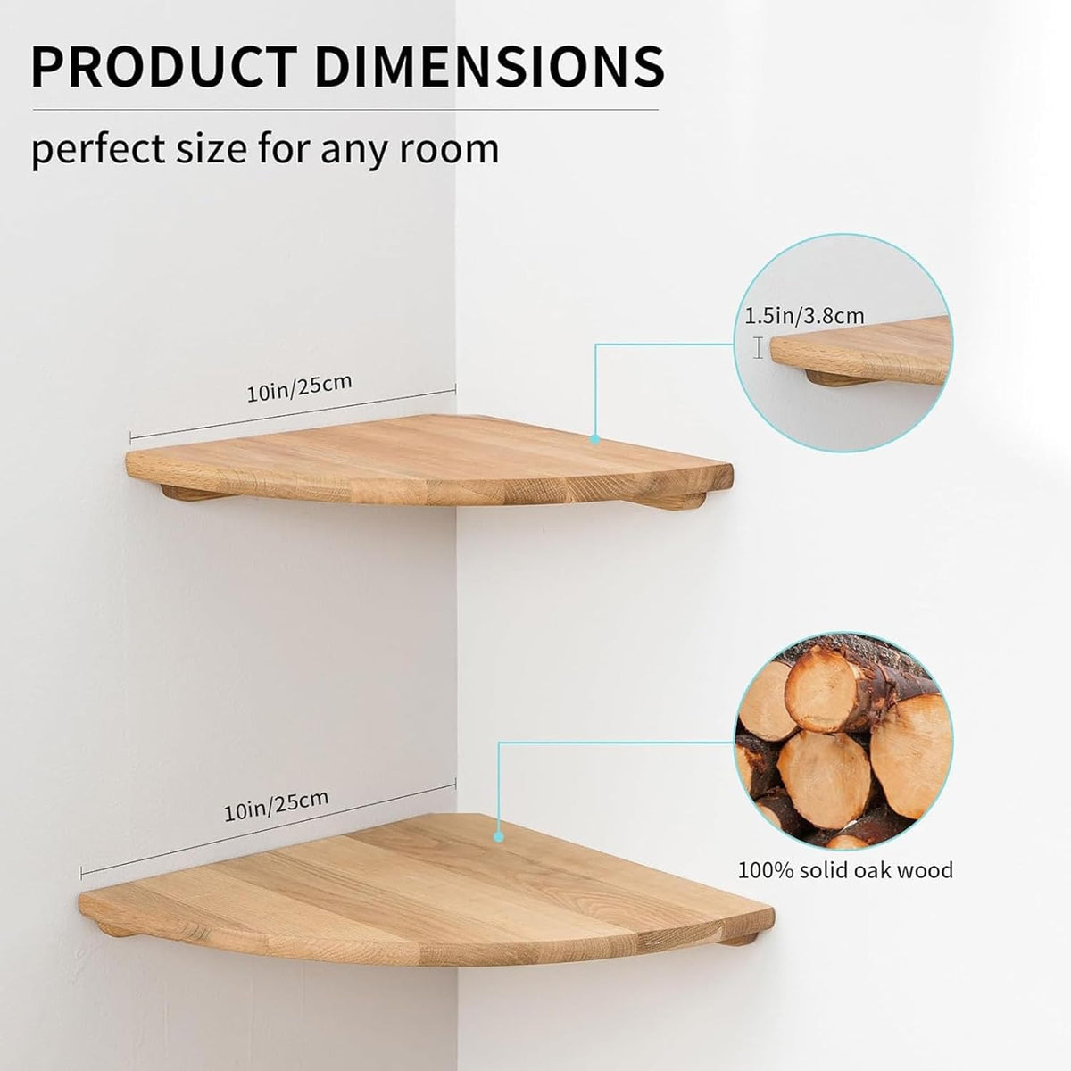 Corner Shelves, Floating Corner Shelf, Set of 2 10inch Solid Oak Wood Corner Wall Shelves, Round