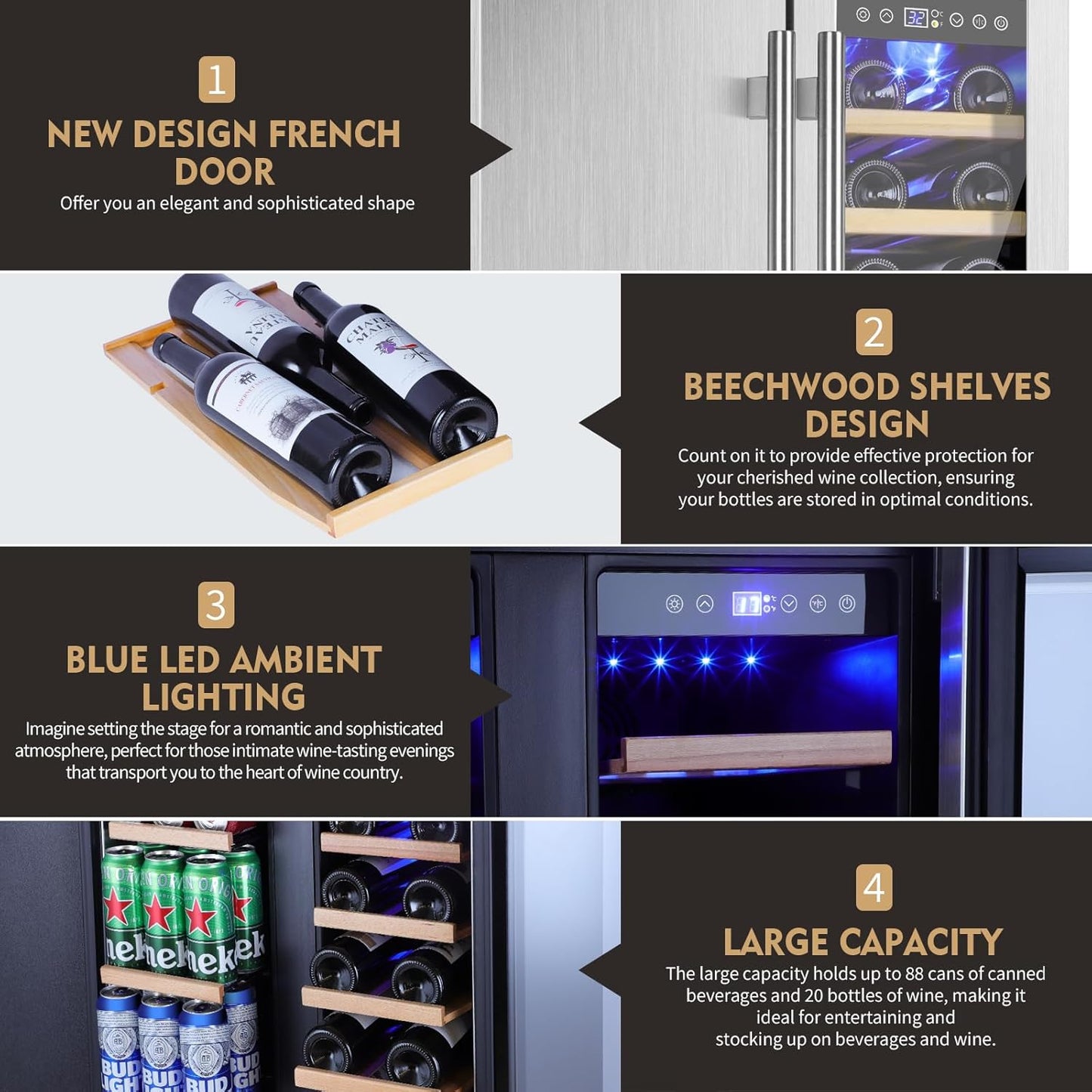 Wine and Beverage Refrigerator, 24 Inch Stainless Steels Beverage Fridge Dual Zone, Wine Beverage