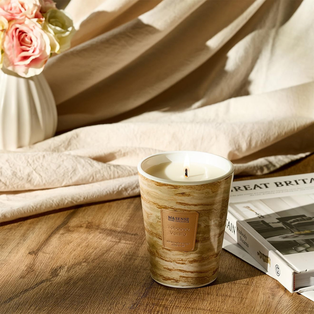 M&SENSE TobaccoVanilla Scented Candles for Home, Lead-Free Wick Highly Scented Jar Candles, 14.1 Oz
