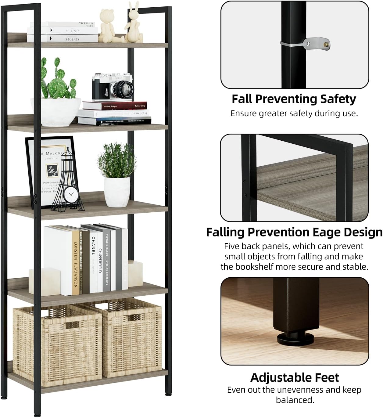 NUMENN Bookshelf, 5 Tier Bookshelves, Home Office Bookcase Shelf Storage Organizer, Free Standing
