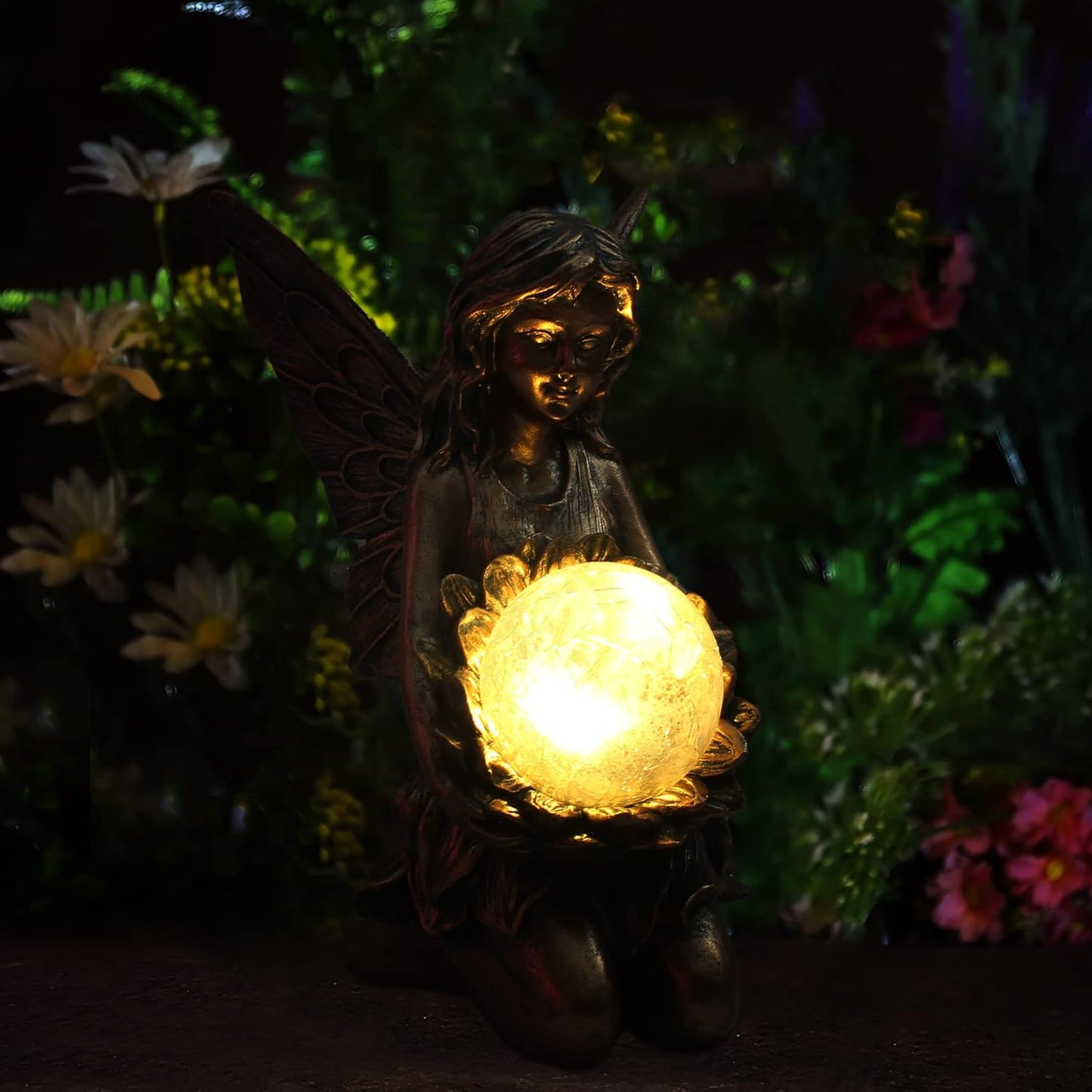 Garden Statues Outdoor Flower Fairy Decor,Solar Powered Outdoor Resin Statues-Patio Lawn Yard