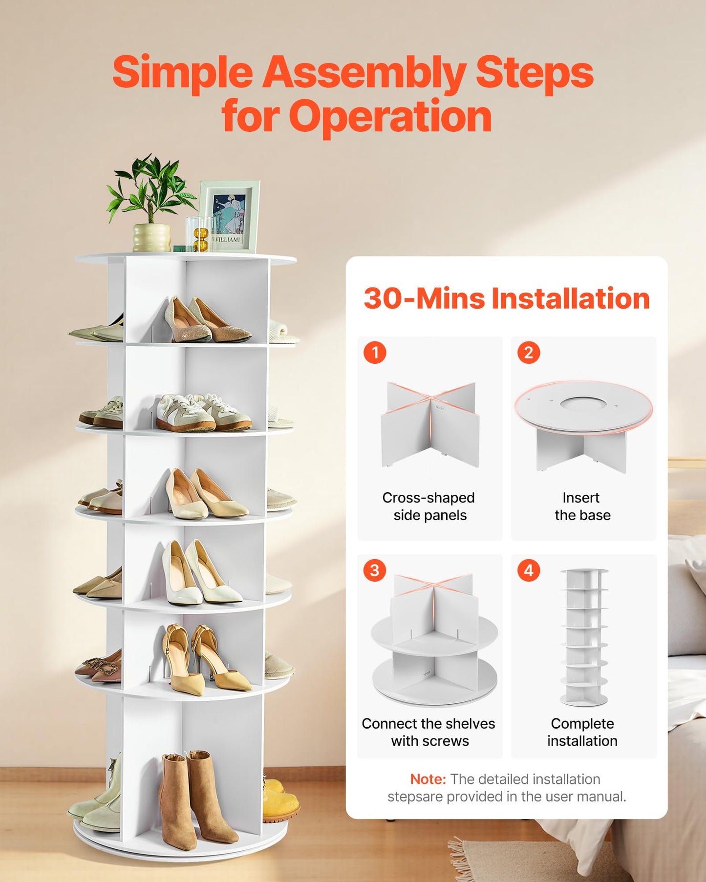 VEVOR 6 Tiers Rotating Shoe Rack Tower, 360° Spinning Shoe Rack, Revolving Storage Round Carousel