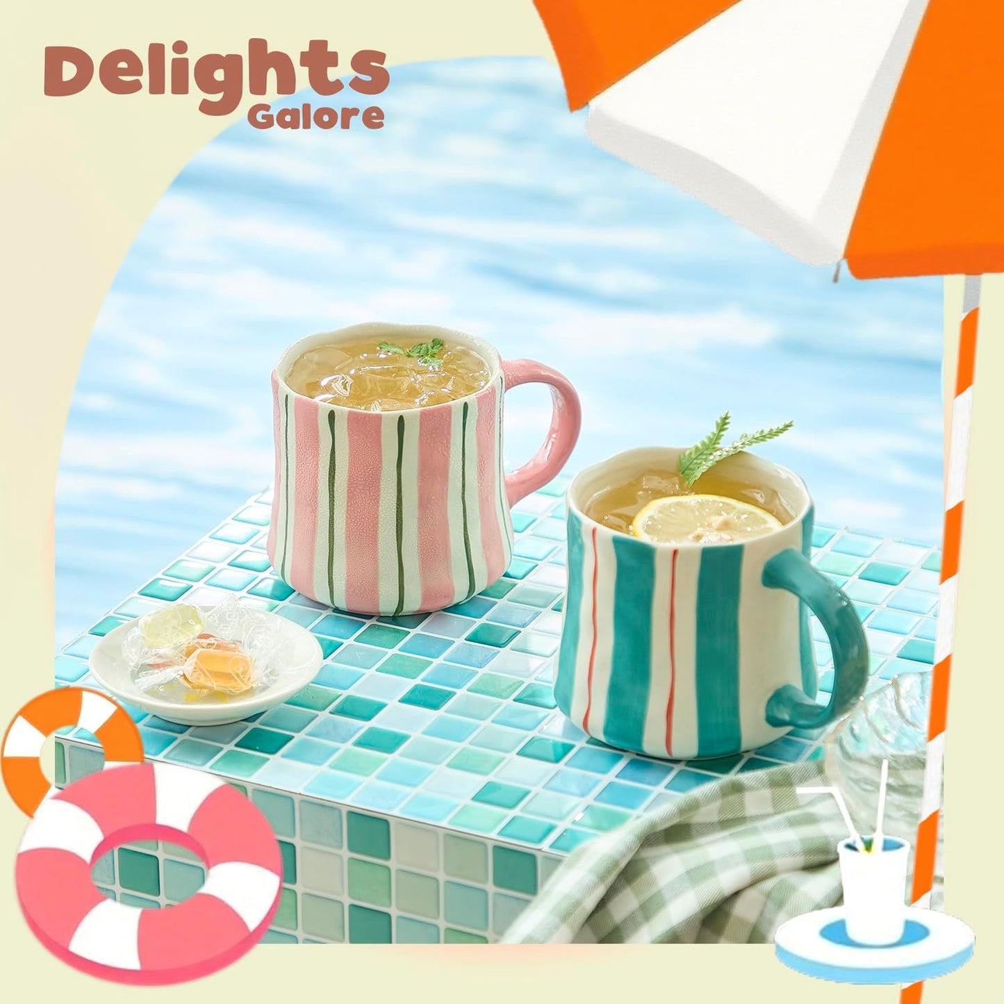 Striped Ceramic Coffee Mugs Set - 2 Pack, Pink & Green,Perfect for Morning Brew or Tea and Cocoa