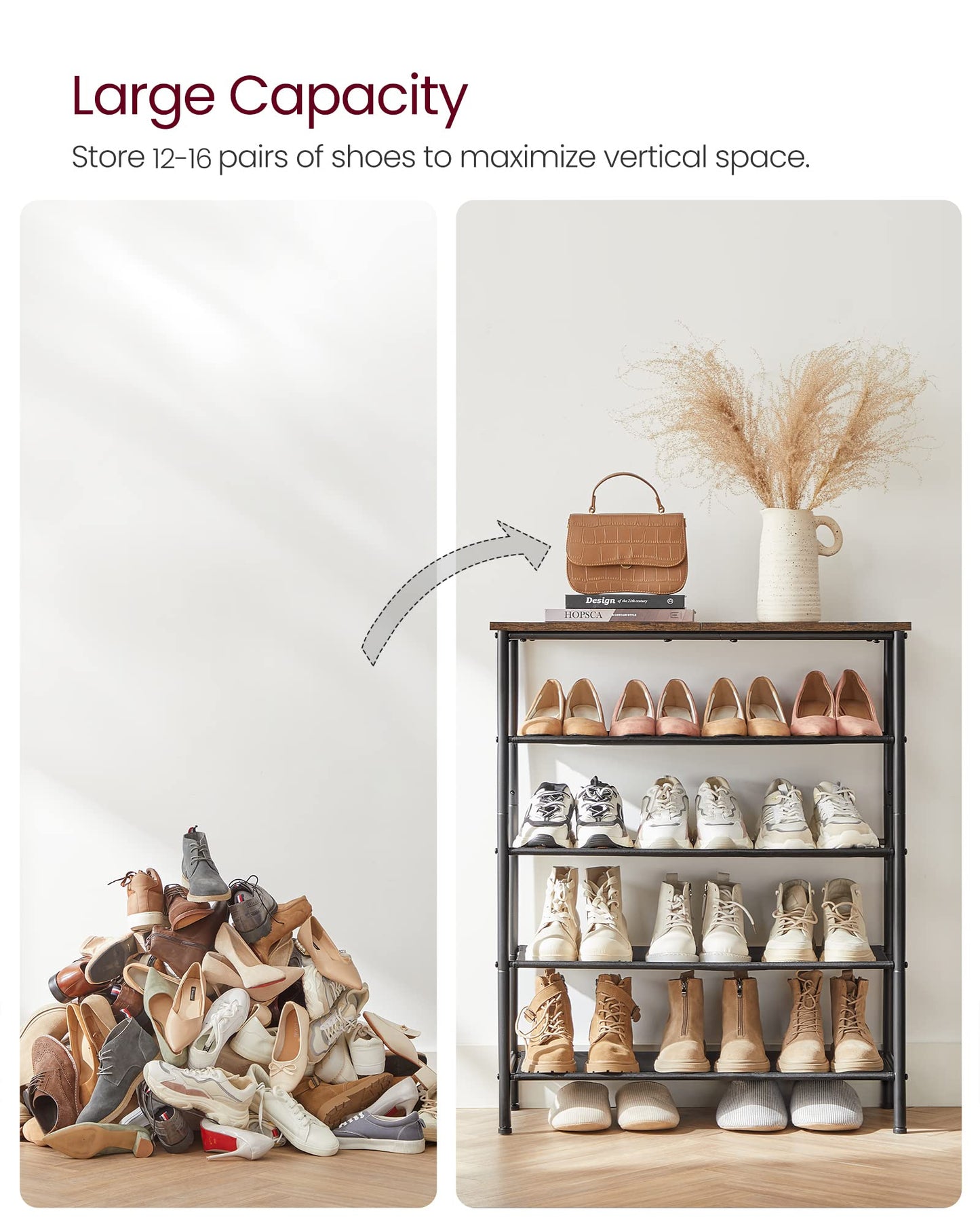 VASAGLE Shoe Rack, 5-Tier Shoe Storage Organizer for Entryway and Closet, Holds 12-16 Pairs of