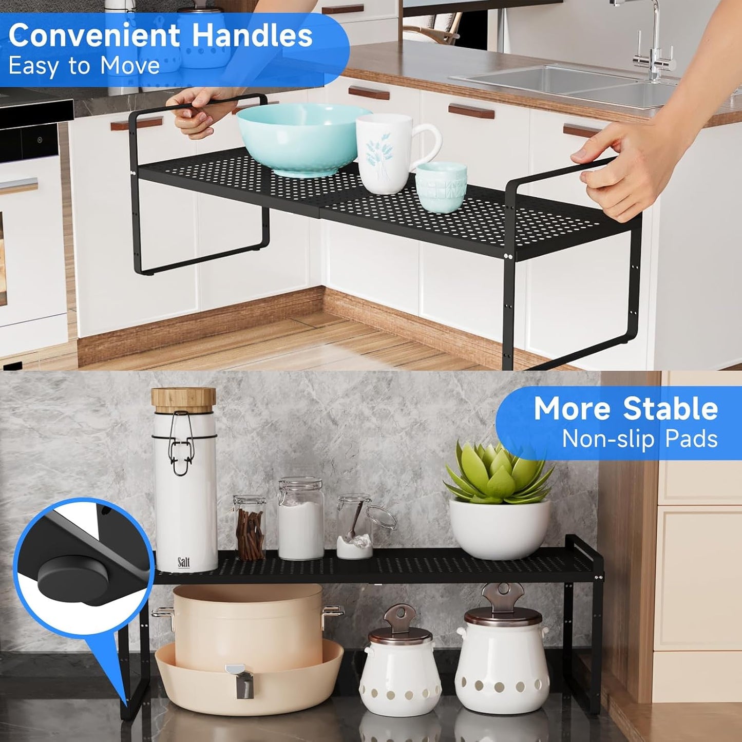 Expandable Cabinet Shelf Organizers, Kitchen Small Stand Rack Organization for Countertop Cupborad
