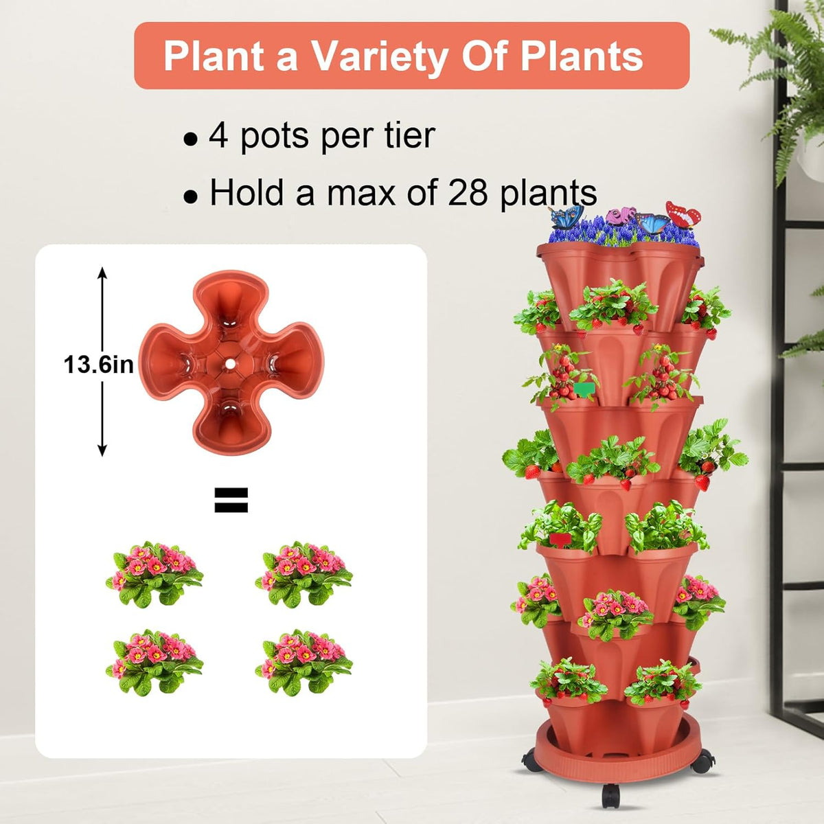 Vertical Planter, 7 Tier Stackable Strawberry Planter with Garden Tool Set, Movable Indoor/Outdoor