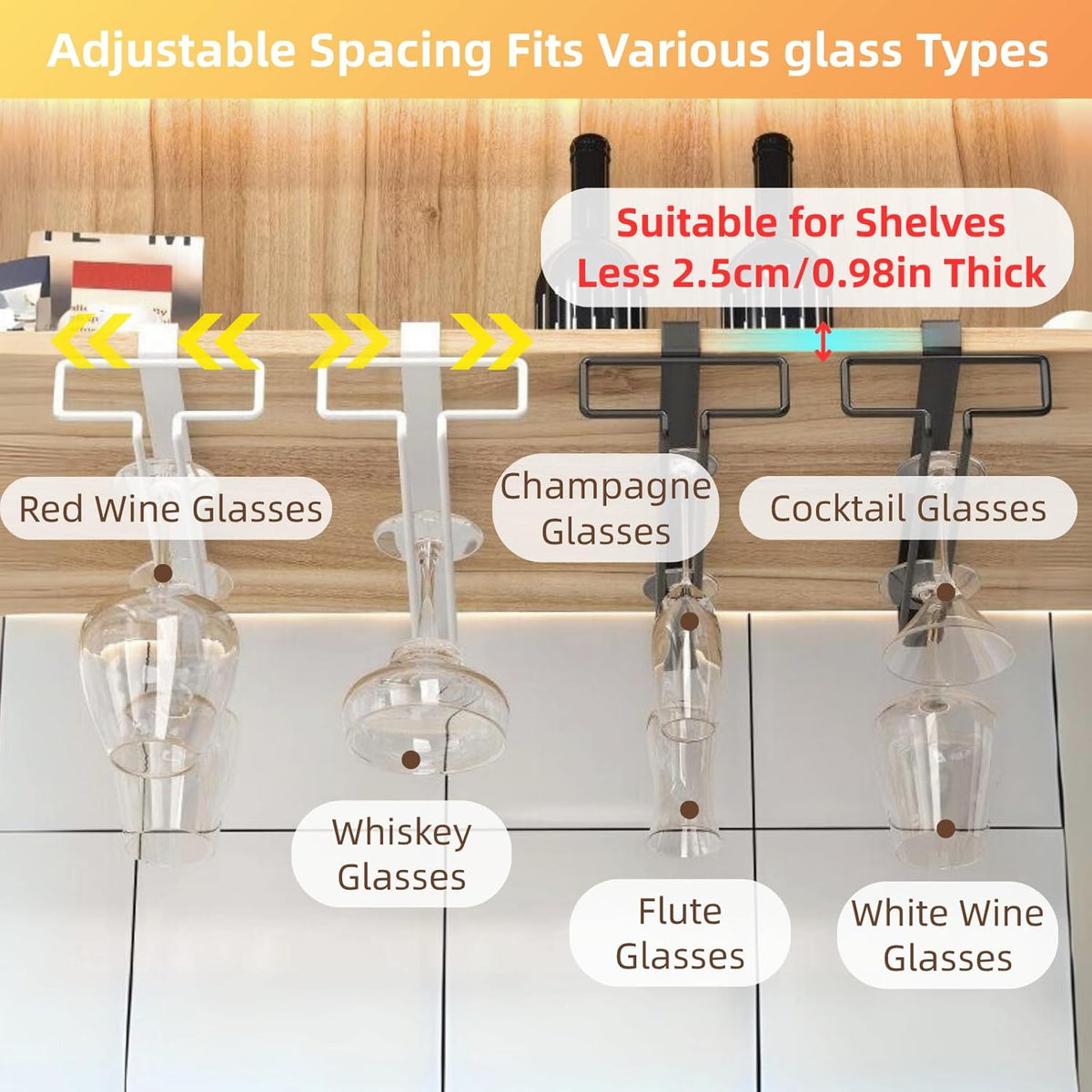 LINFIDITE 2 Pack Wine Glass Holder Stemware Rack Hanger Under Cabinet Wine Glass Rack Kitchen