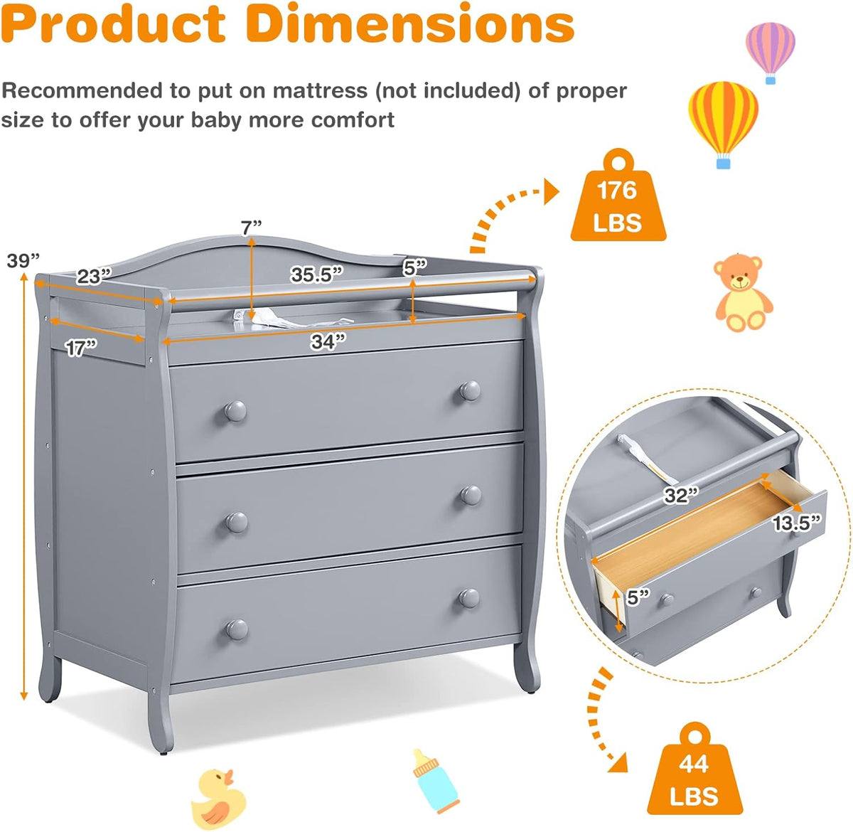 Costzon 3-Drawer Changing Table, Infant Diaper Changing Station with Drawers, Safety Rails & Strap