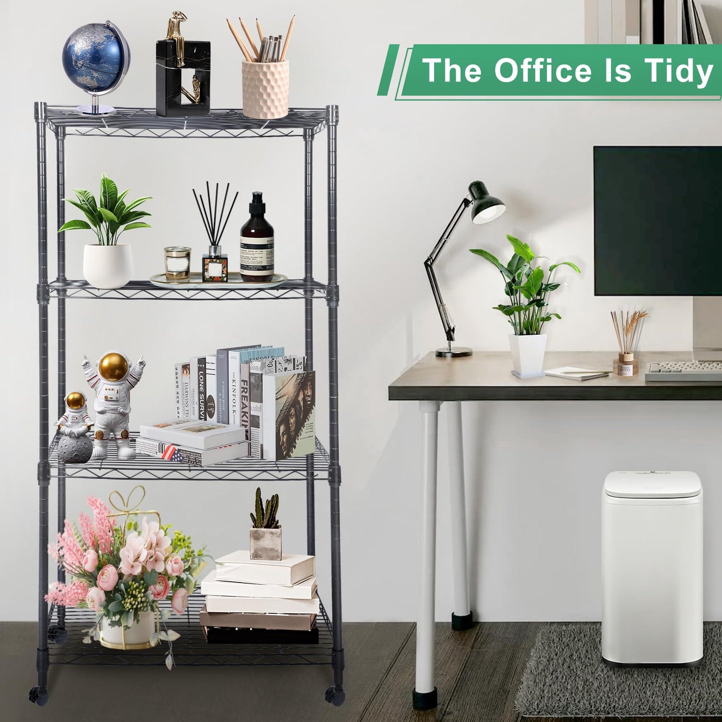 Whitmor 4 Tier Shelving Unit, Adjustable Storage Shelves with Wheels, Wire Shelving, 400 lbs