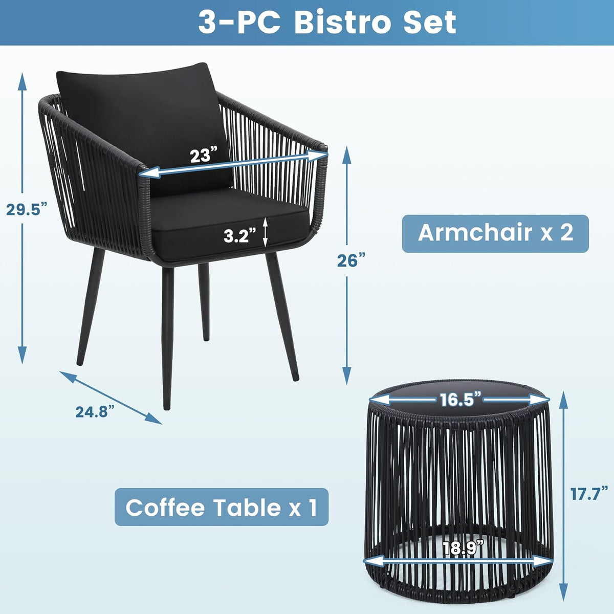 Kromax 3 Pieces Patio Rattan Bistro Conversation Set, Outdoor All-Weather Wicker Furniture Chairs