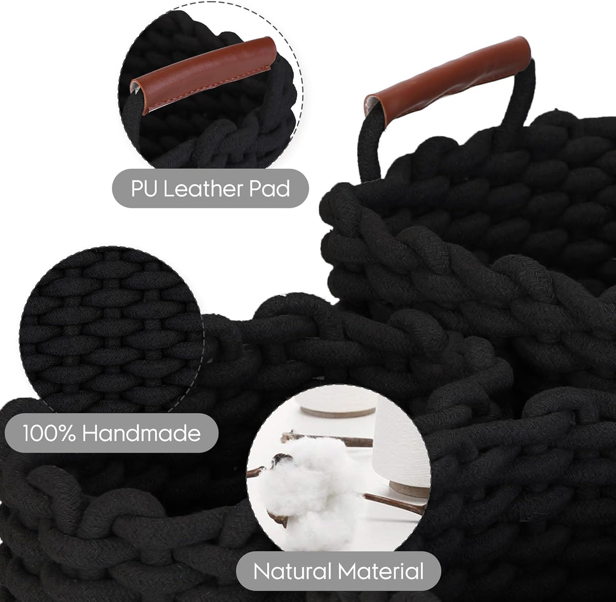 Sea Team 3-Pack Rectangle Woven Cotton Rope Storage Baskets with Handles, Shelf Basket, Closet