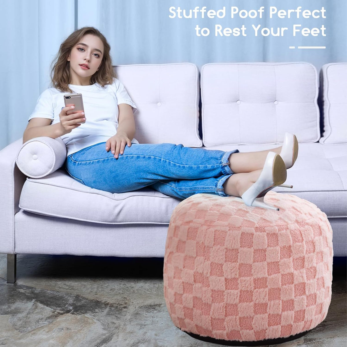 HIGOGOGO Round Stuffed Pouf Ottoman, Plaid Poufs with Foam Chunk Filling, Fluffy and Furry Pouf