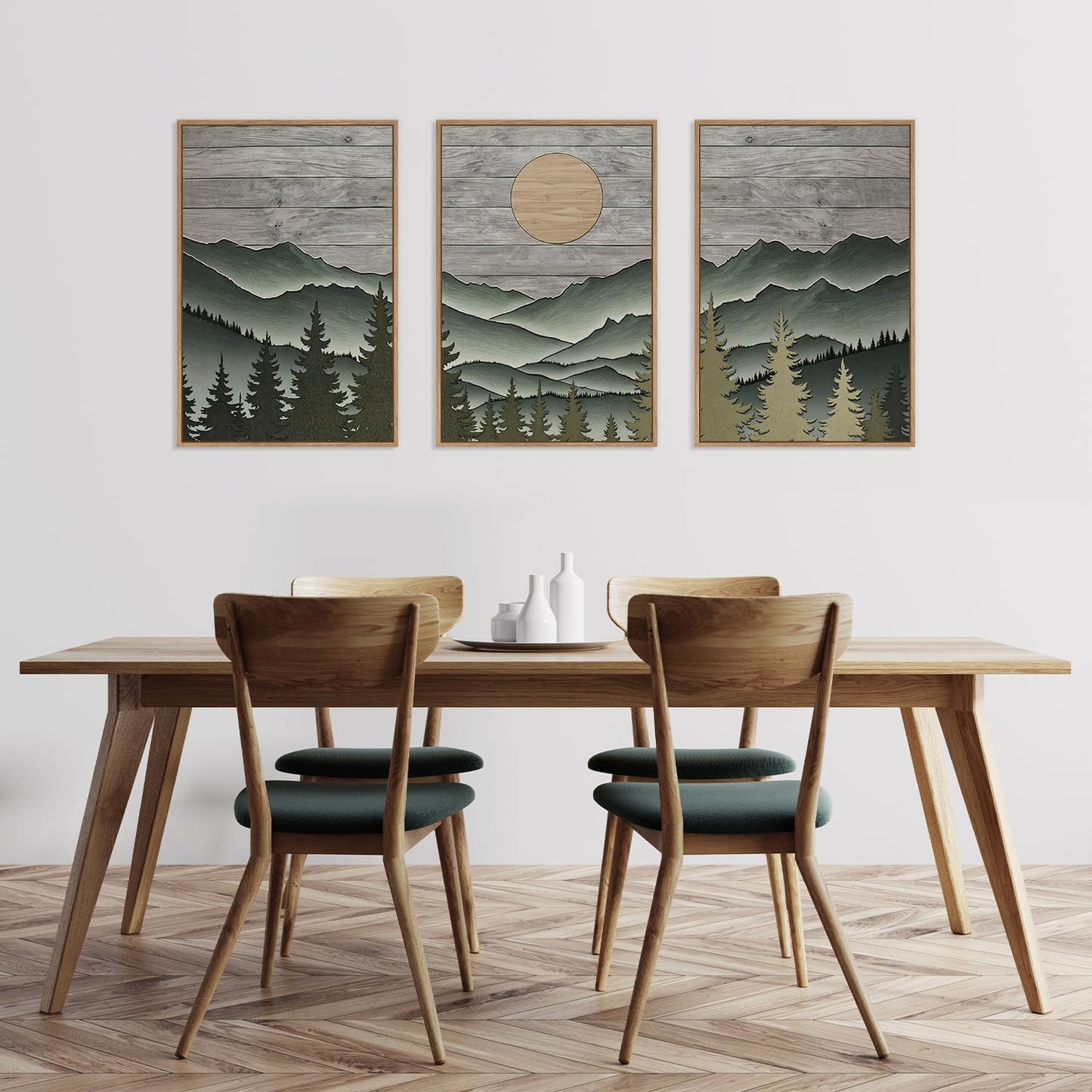 HLNIUC Mountain Framed Canvas Wall Art,Large Green Forest Woodcut Wall Decor Set of