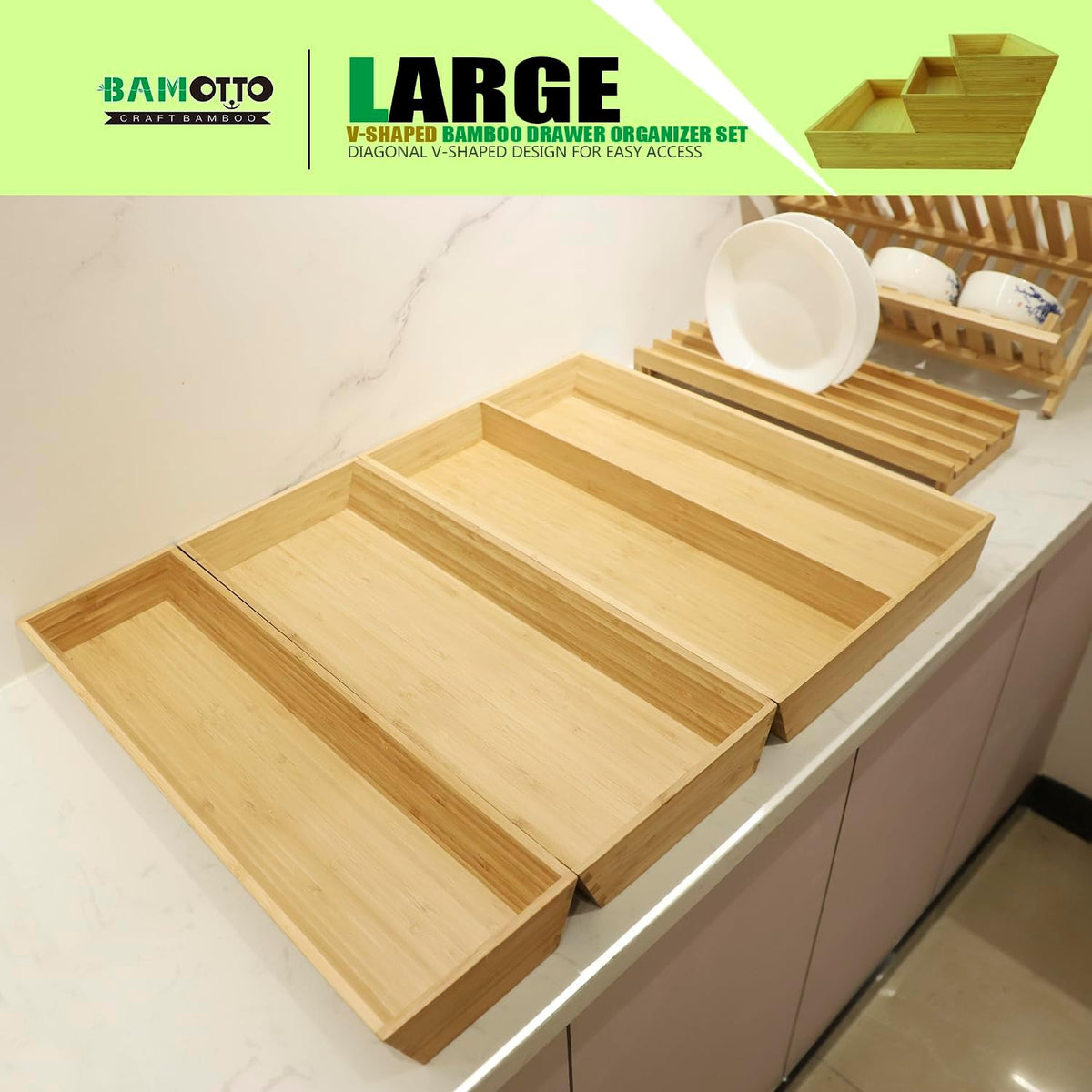 V-Shaped Bamboo Drawer Organizer Set of 3, Kitchen Large and Long Utensil Plate, Flatware &
