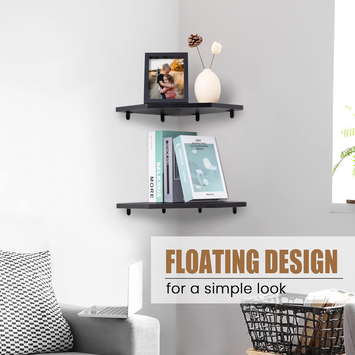 Corner Shelf Wall Mount, Floating Corner Shelves, Set of 2 Corner Wall Shelf Organizer, Rustic Wood