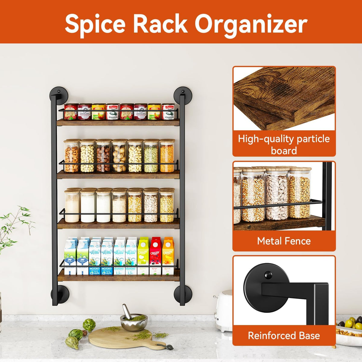 IBUYKE Spice Rack Wall Mount,4 Tier Hanging Seasoning Organizer,Large Spice Rack for Wall for up to