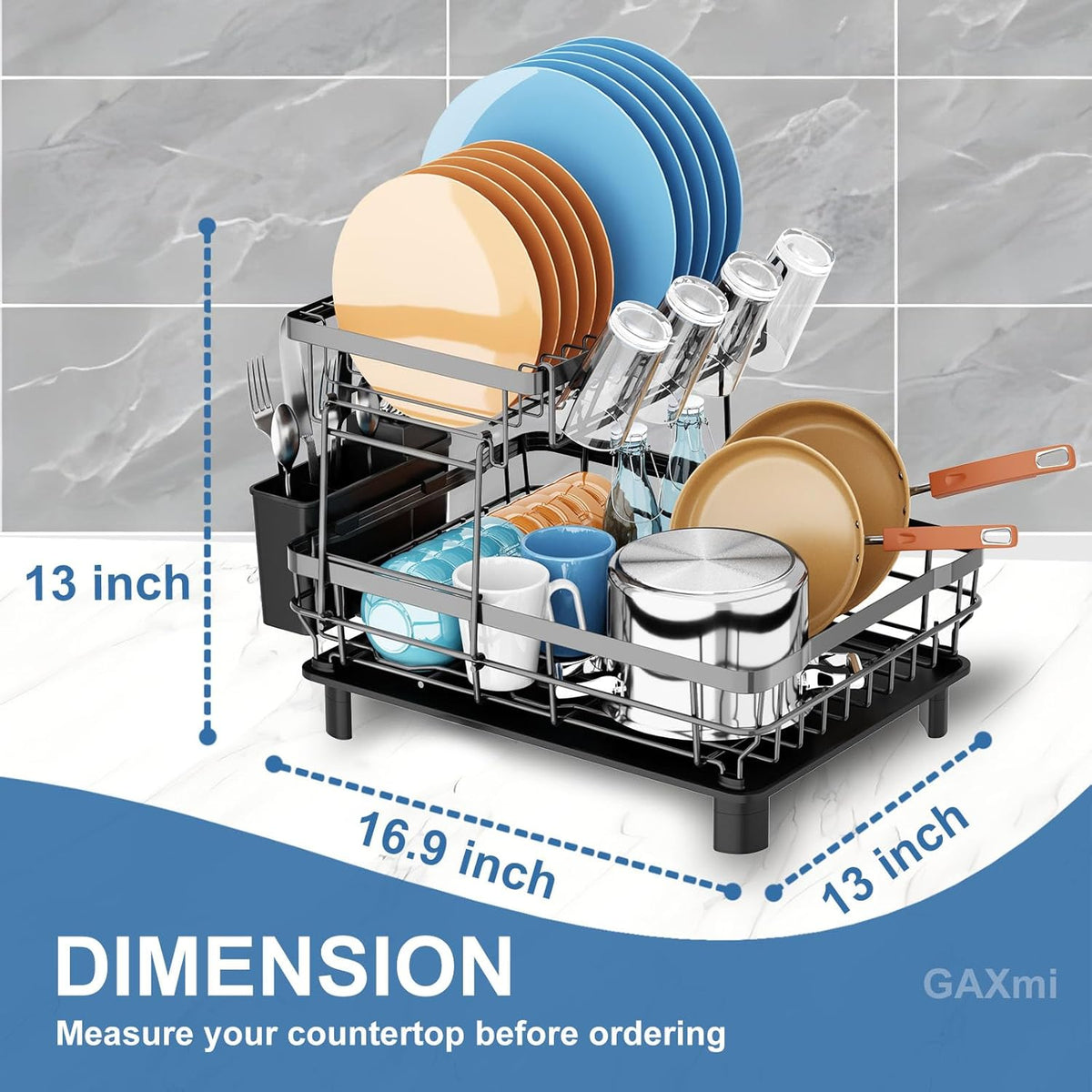 GAXmi Dish Drying Rack Over The Sink Dish Drainer with Drainboard Utensil Holder Cup Holder, 2-Tier