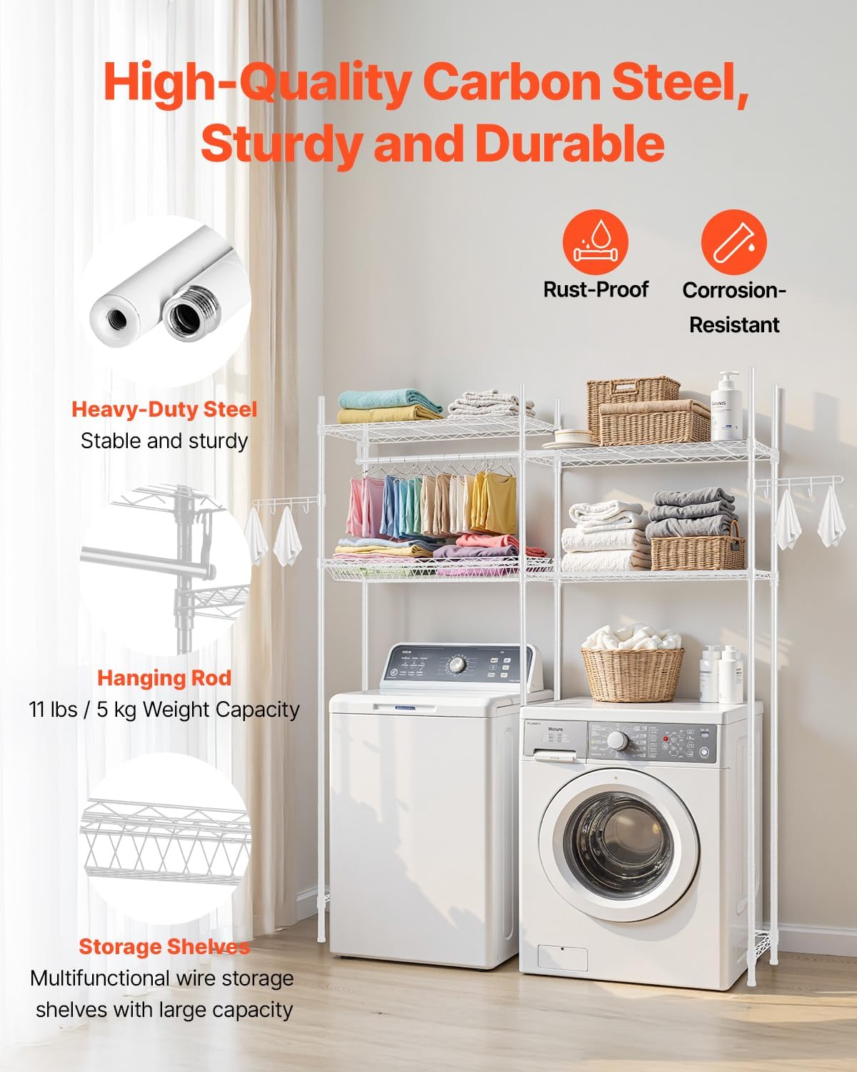 VEVOR Over The Washer and Dryer Storage Shelf, 4 Tier Laundry Room Drying Rack with Hanger Rod and