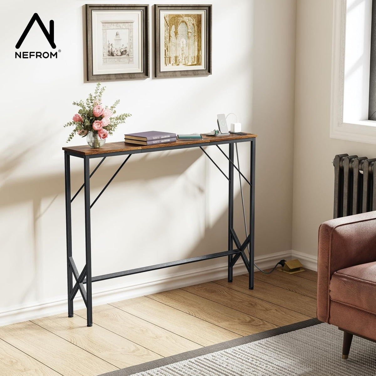 39.4" Console Table, Skinny Entryway Table with Fast-Charging Station, Narrow Long Sofa Table