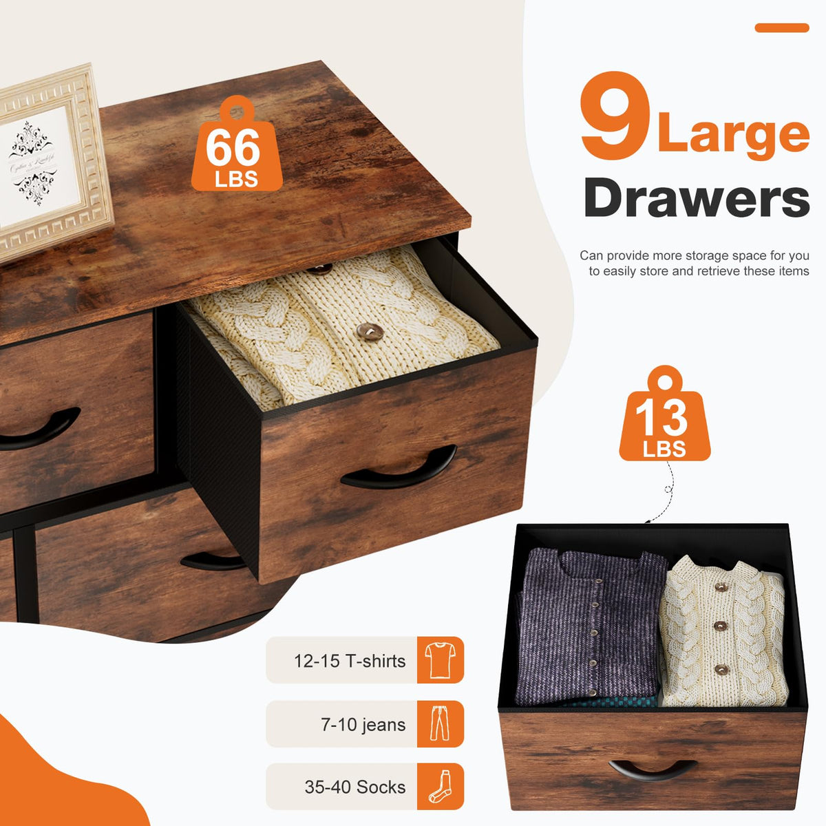 Sweetcrispy 9 Drawer Fabric Dresser Storage Tower Drawer Organizer, Brown