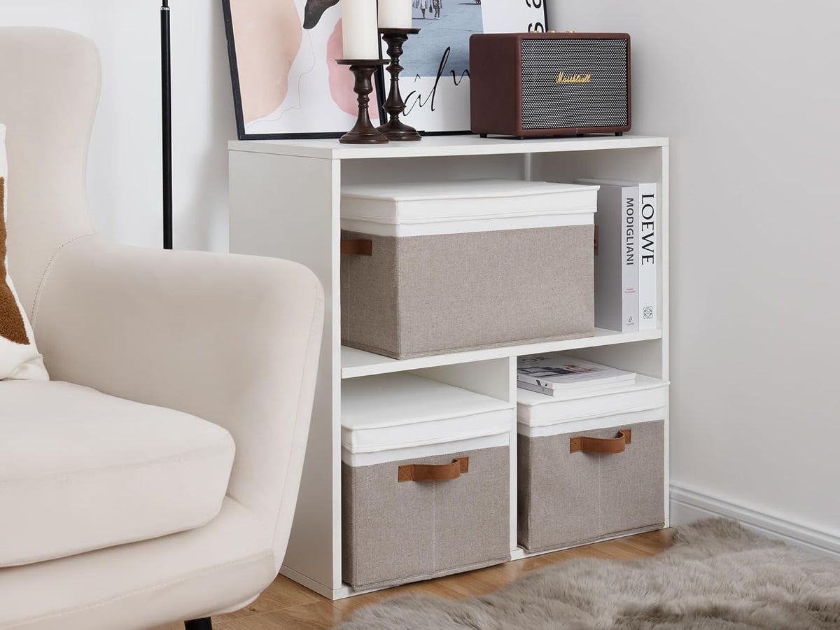 StorageWorks Storage Bins with Lids, Decorative Storage Boxes with Lid and PU Handles, Foldable