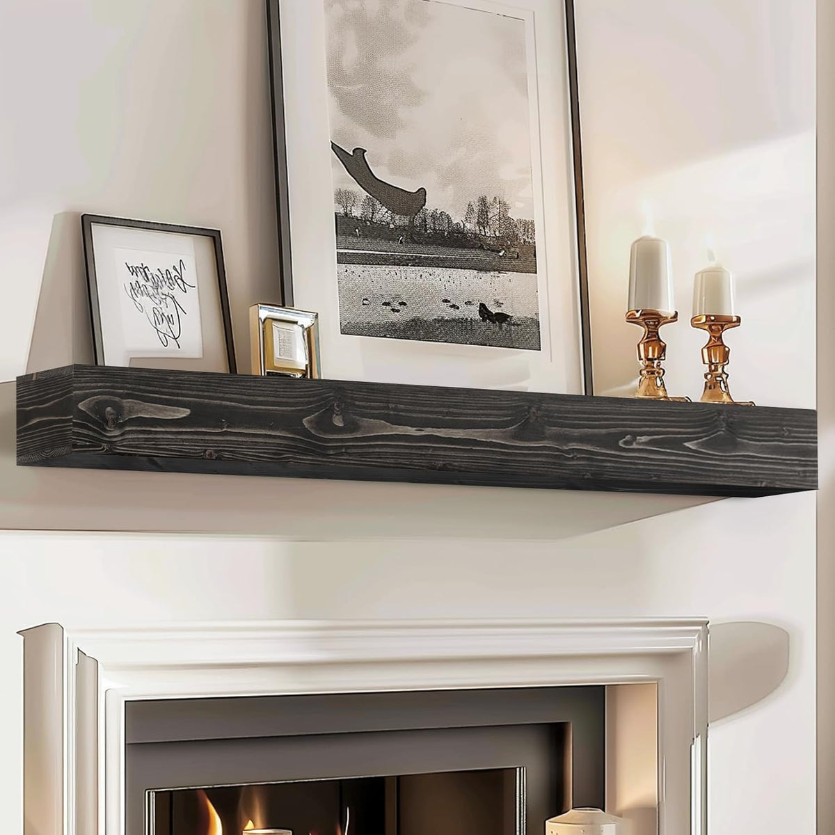 60x8x5 Fireplace Mantel - Handcrafted Hollow Rustic Solid Wood Wall Mounted Floating Shelf with