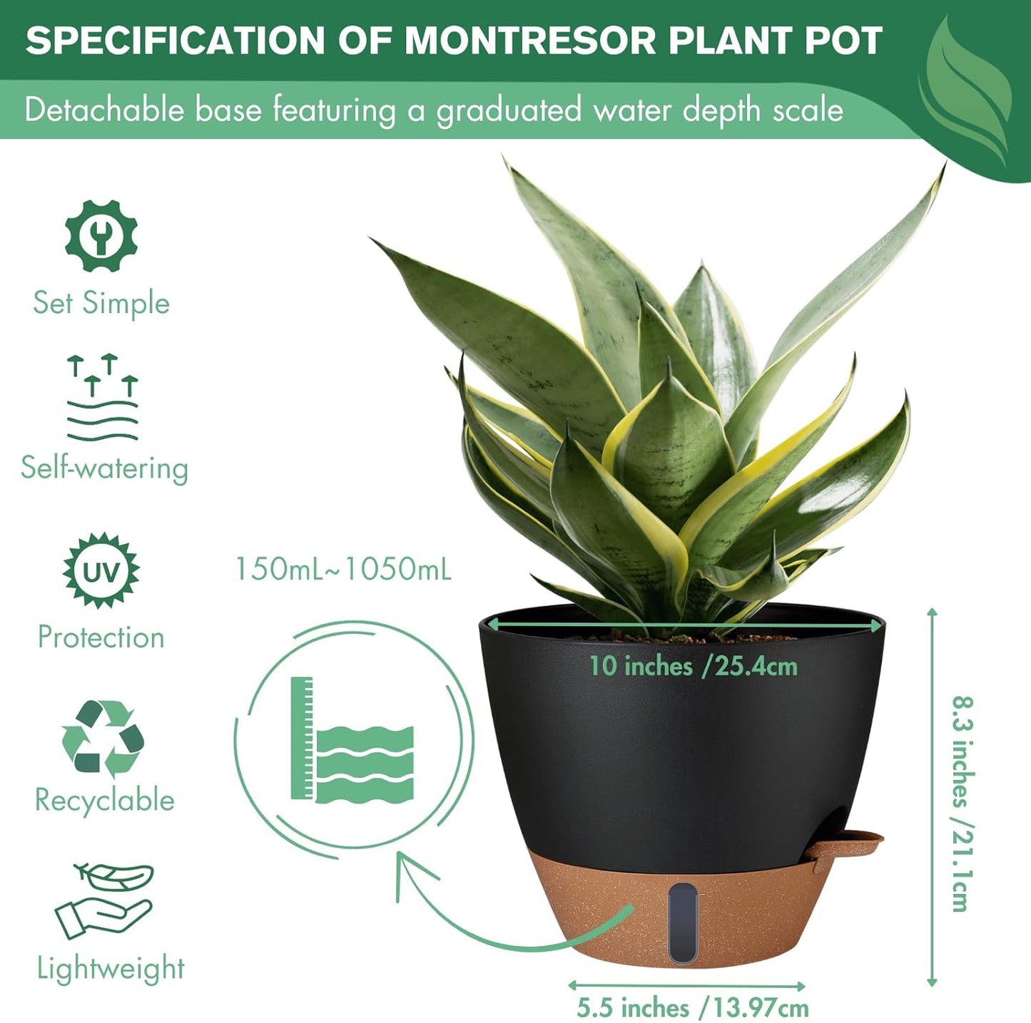 2 Pack 10 inch Plant Pots, PP Plastic Self Watering Plant Pot with Drainage and Tray for Indoor