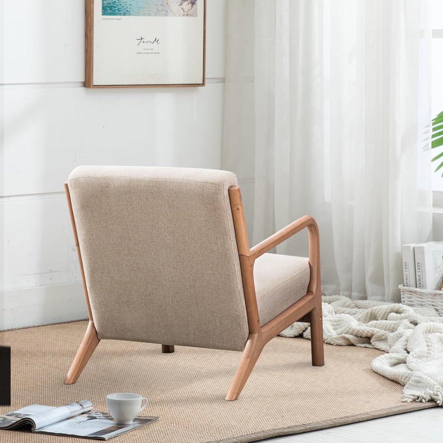 INZOY Mid Century Modern Accent Chair with Wood Frame, Upholstered Living Room Chairs with Waist