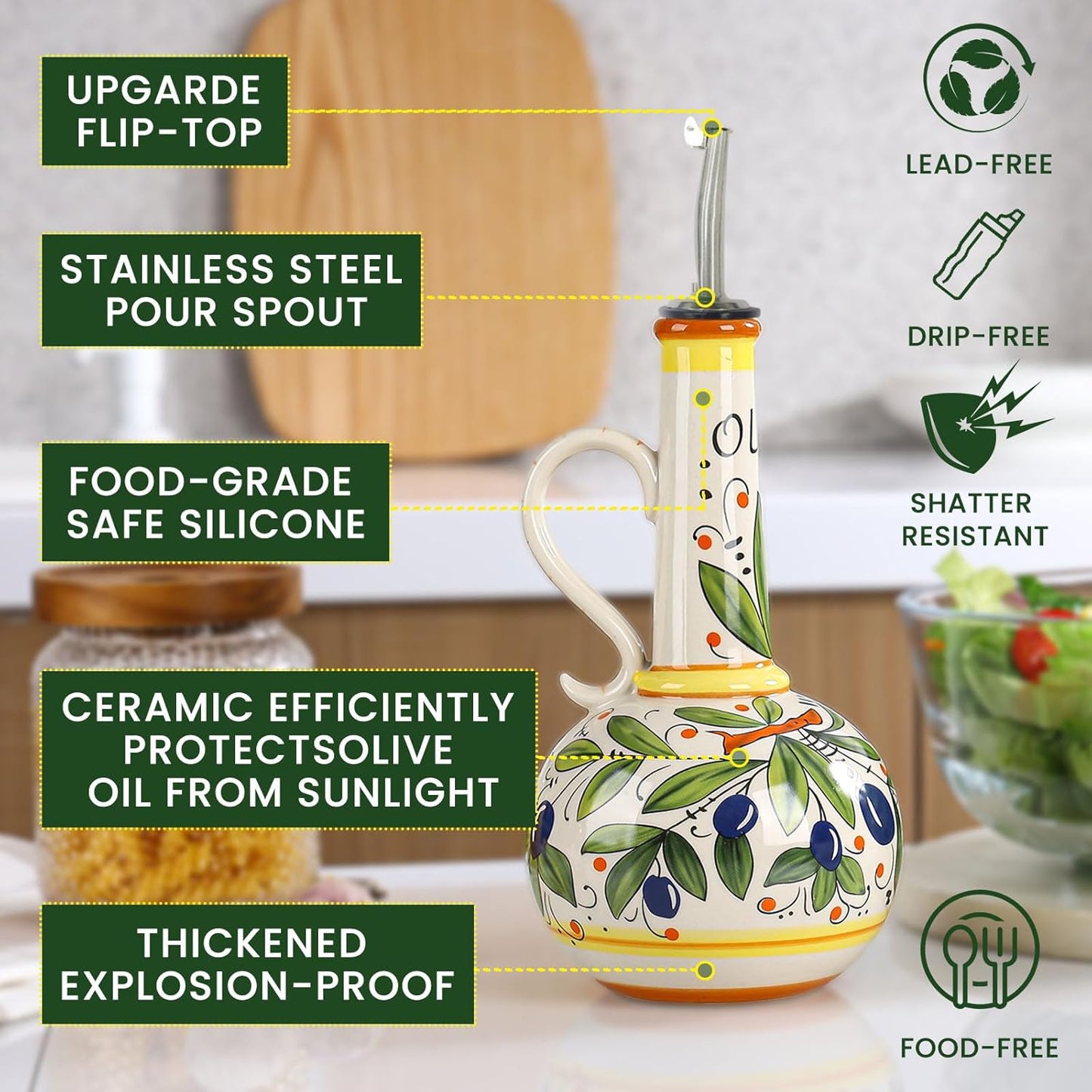 18 oz Ceramic Olive Oil Dispenser Bottle for Kitchen, Large Capacity Oli and Vinegar Cruet with