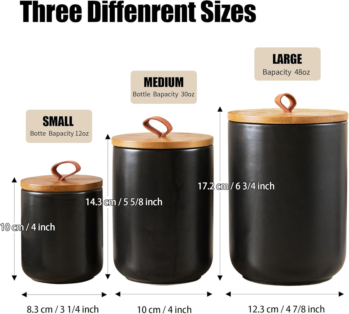 Black Canister Sets for Kitchen, 3pcs Ceramic Canisters with Airtight Wooden Lid, Food Storage Jar