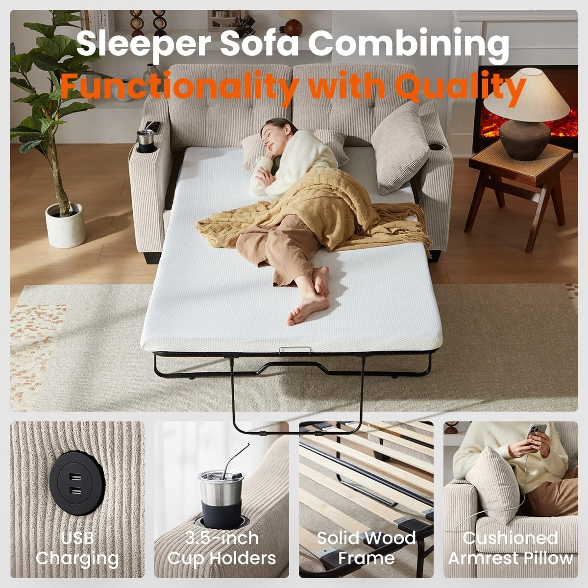 CHIC HOUSE Pull Out Sofa Bed, Full Size Sleeper Sofa, 2-in-1 Convertible Corduroy Couch with USB