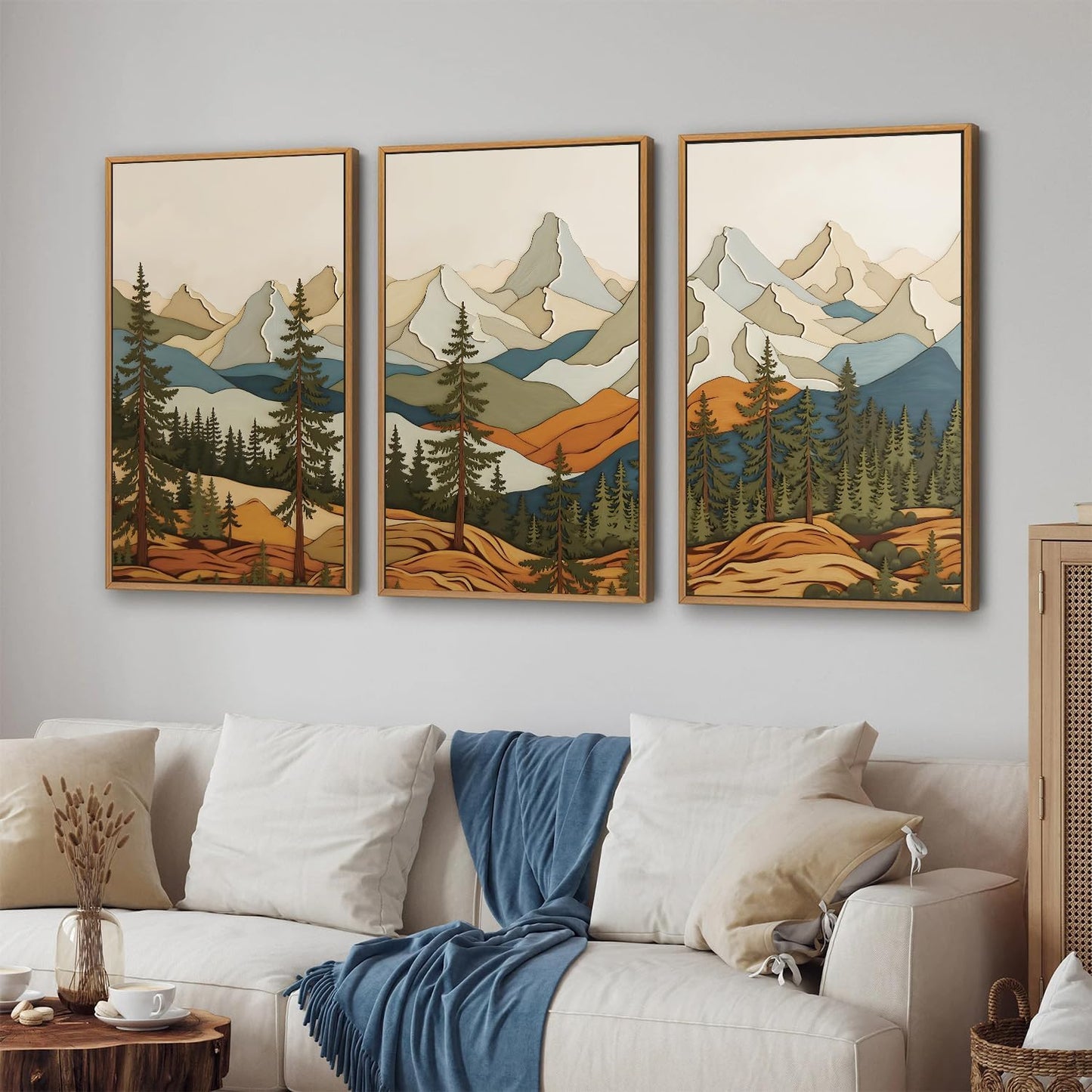 SIGNINART Vintage Mountains Framed Canvas Wall Art, Wooden Forest Wall Decor, Green Wood Pine Trees