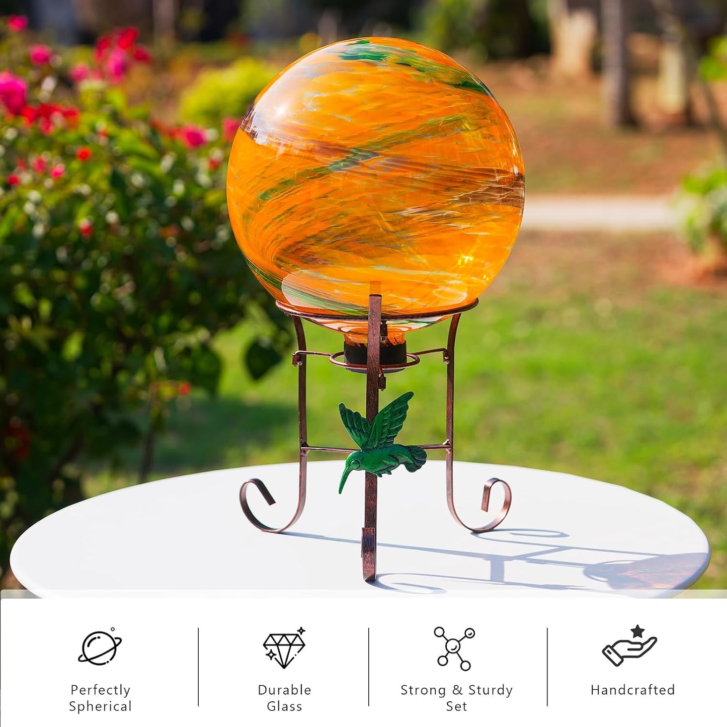 10 Inch Glass Gazing Ball, with 9.4" Tall Metal Gazing Globe Stand, Glass Balls Display Holder Set