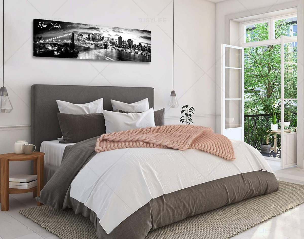 DJSYLIFE New York Skyline Wall Art - Brooklyn Bridge Night View - Black and White Nyc City Pictures
