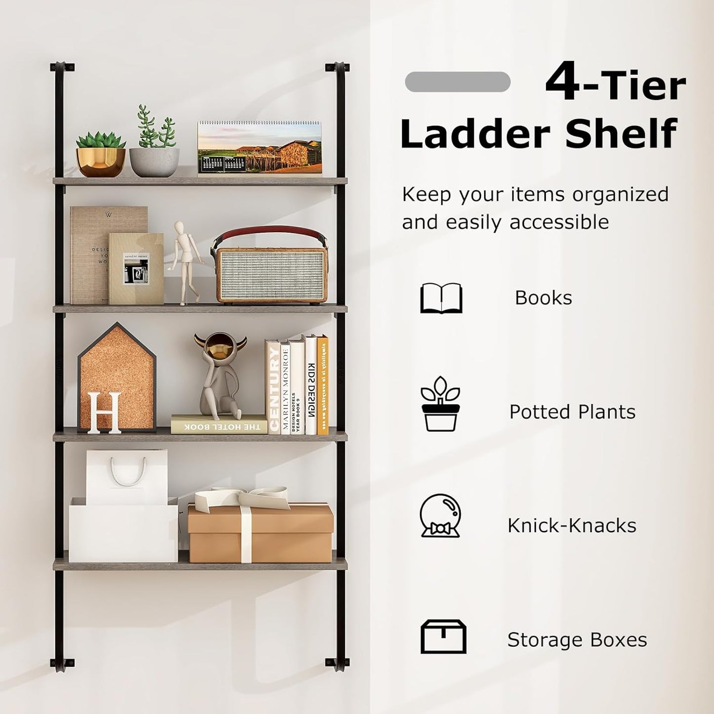 Giantex 4-Tier Industrial Bookshelf, Wall Mounted Pipe Shelving Unit, Floating Shelves with Metal