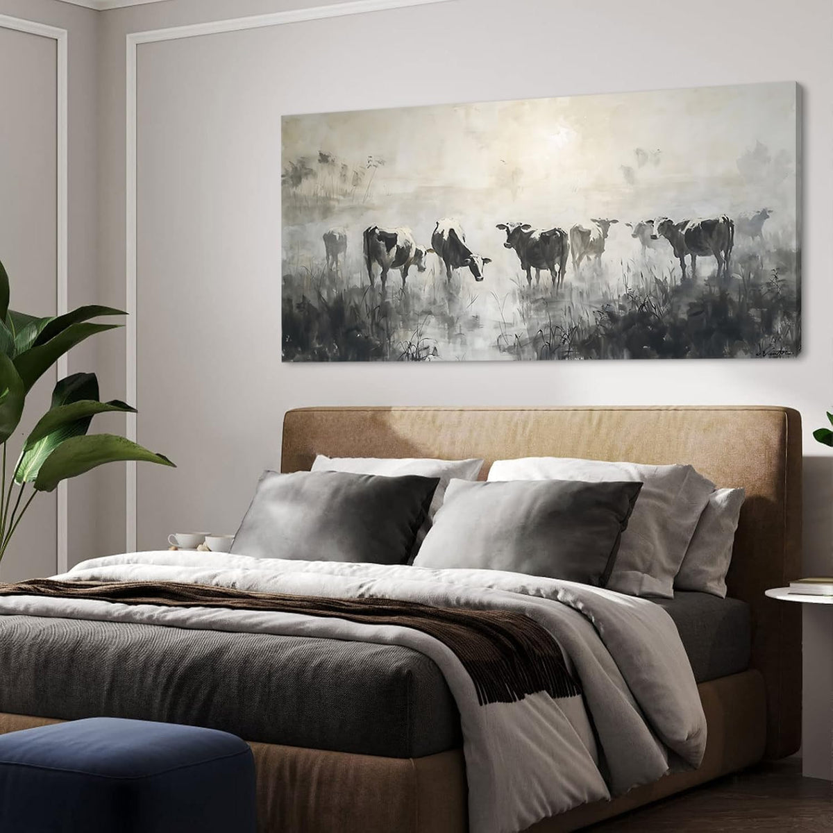 LASMOND Black and White Cow Wall Art for Living Room Ink Wash Canvas Painting Prints Morning Cattle