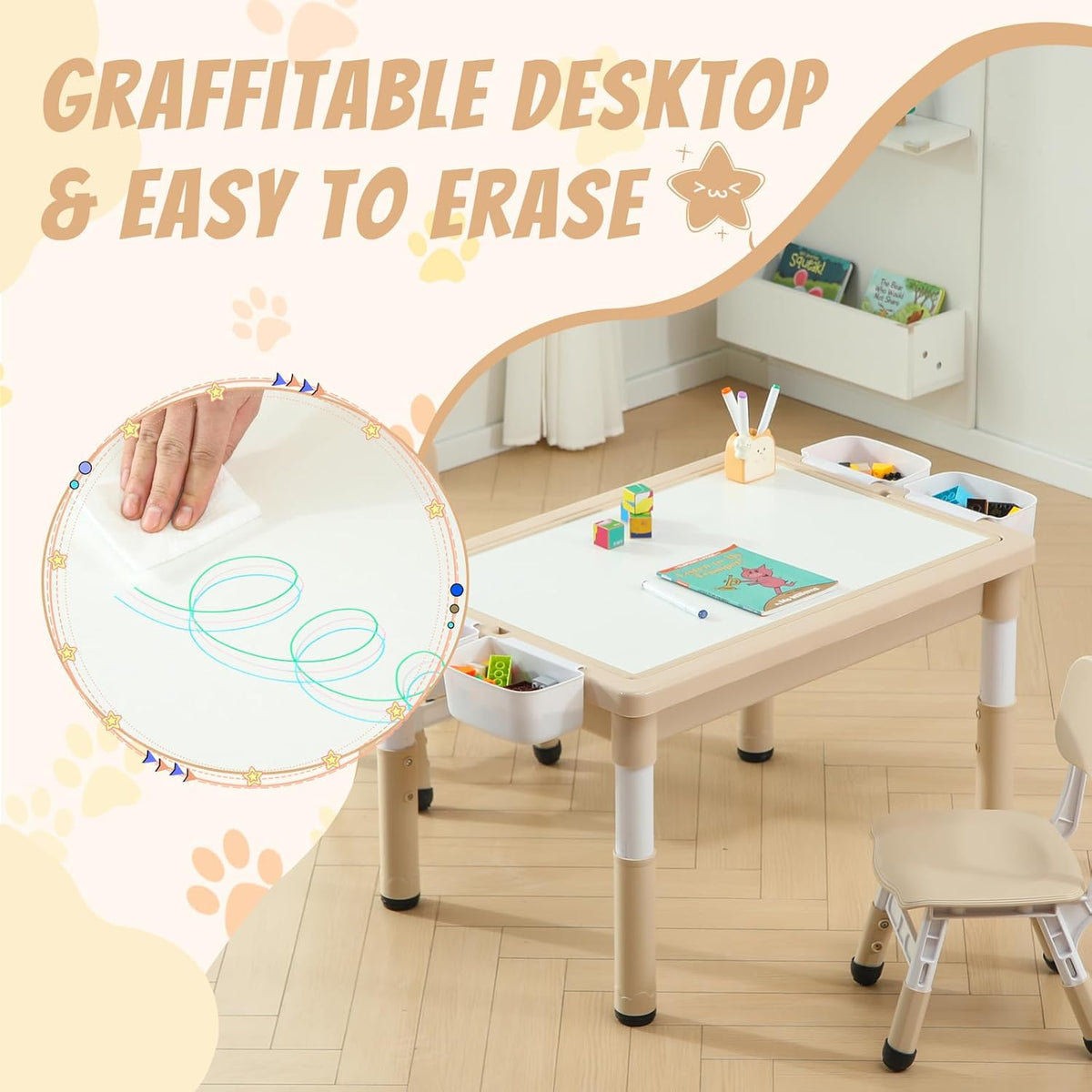 Multi Functional Kids Table and 2 Chairs Set, Graffiti & Building Blocks Double-Sided Tabletop