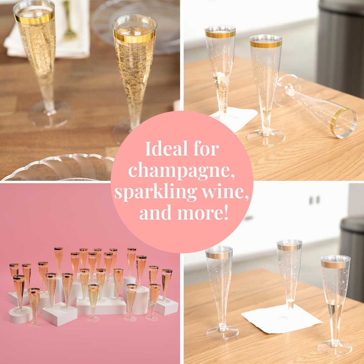 Prestee Set of 24 Plastic Champagne Flutes with Gold Rim - 4.5 oz - Shatterproof Disposable Glasses