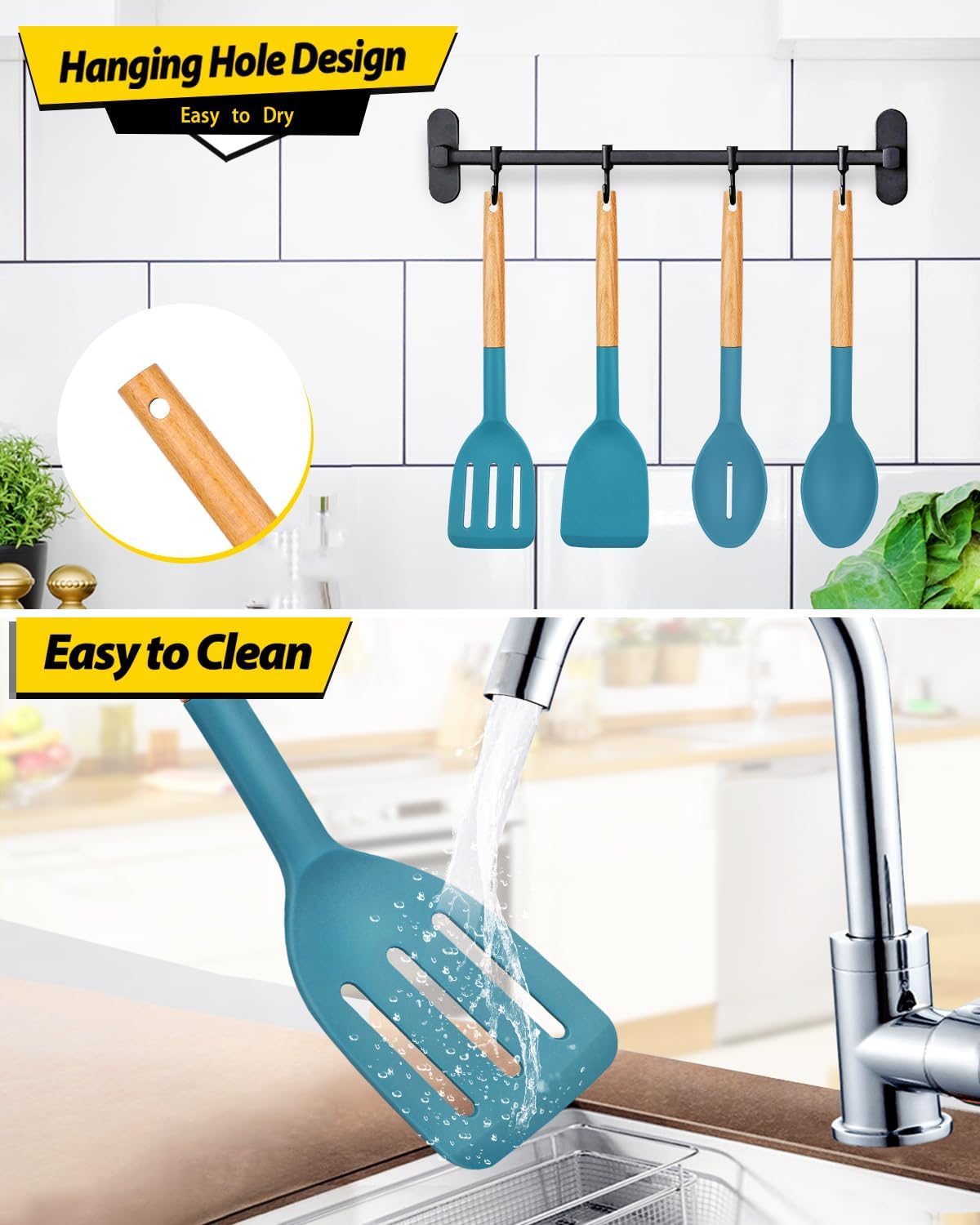 Pack of 4 Silicone Cooking Utensils Set, Non Stick Solid Spatulas and Heat Resistant Slotted Spoons