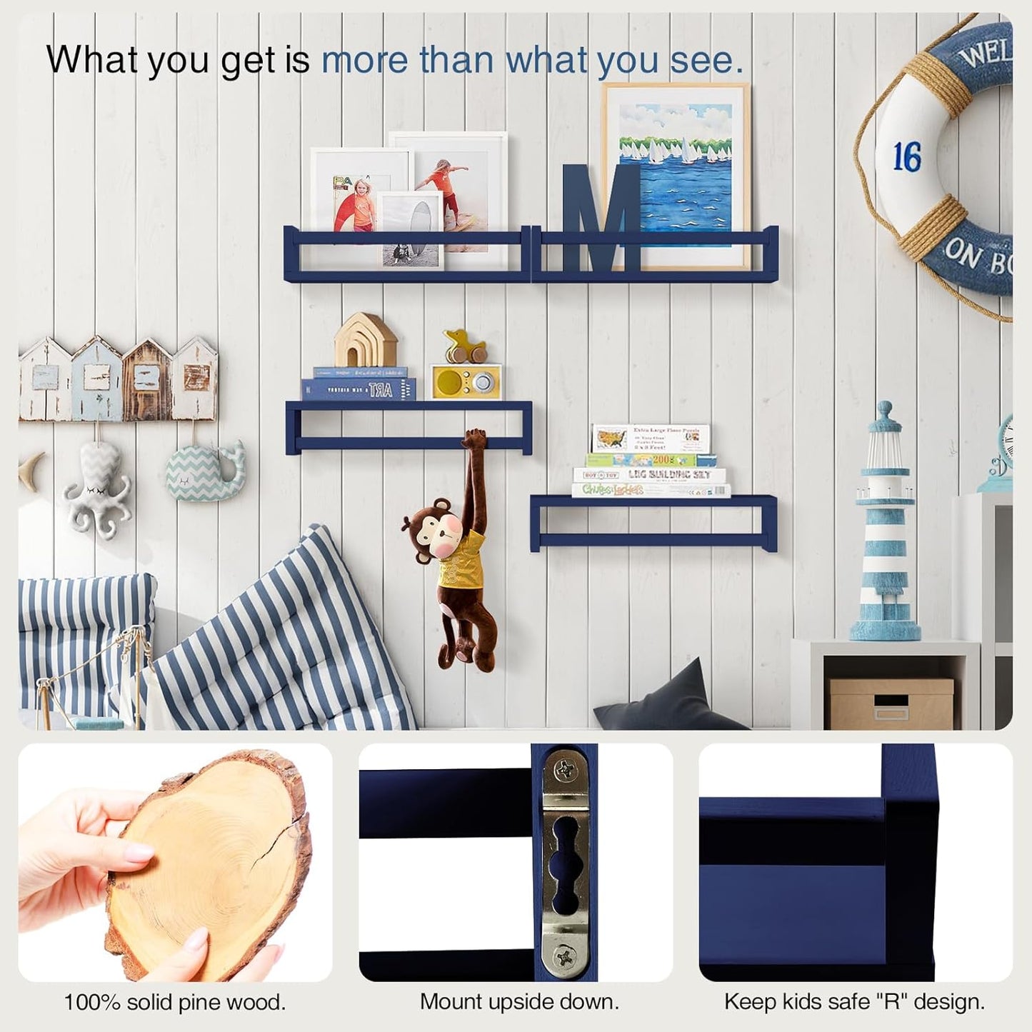 Forbena Navy Blue Floating Book Shelves for Nursery Boy, Decorative Wall Bookshelf for Kids Room