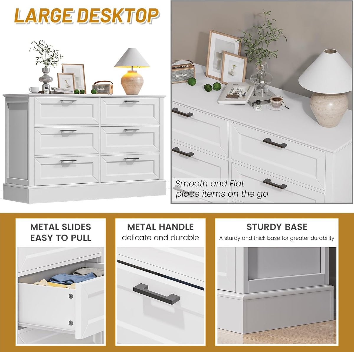 White Dresser for Bedroom with 6 Drawer, Bedroom Furniture Organizer Storage, Wood Double Dresser &