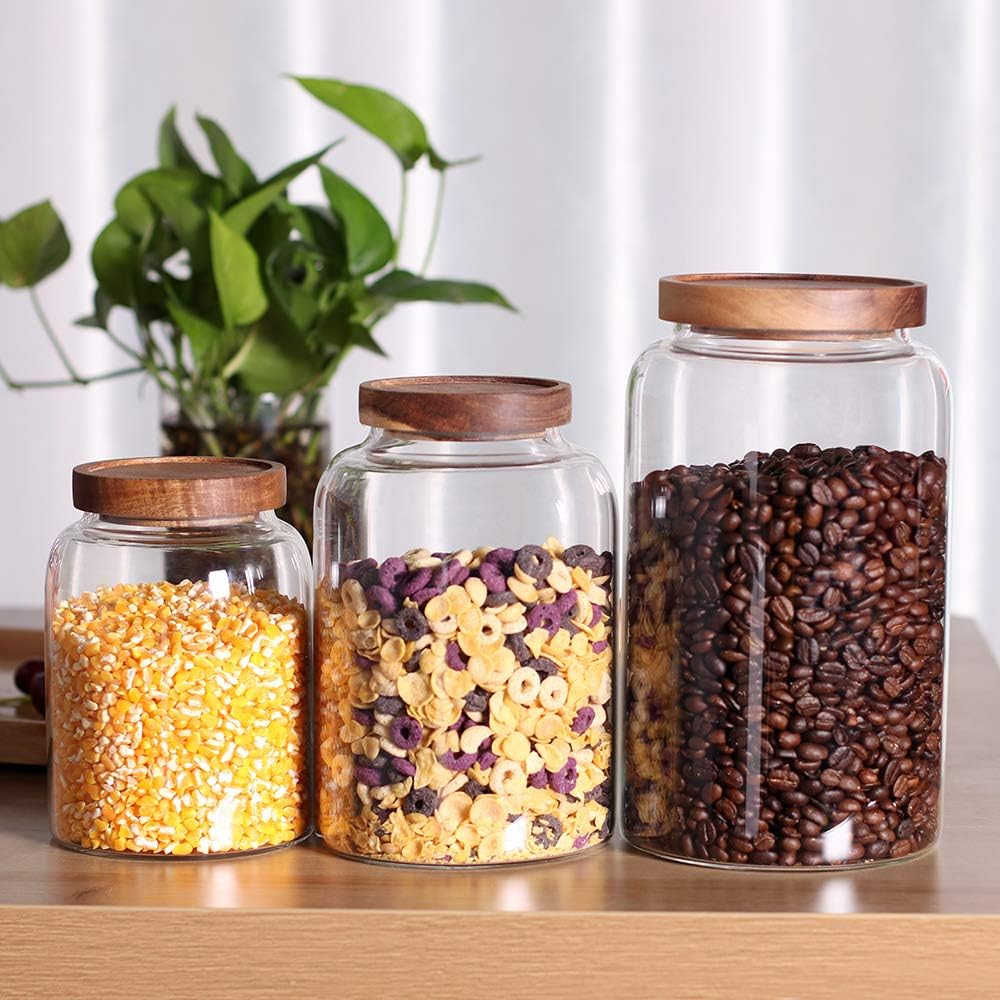 Glass Storage Jars with Airtight Lids, Set of 2 42 FL OZ (1250ml) coffee container with Wooden Lid
