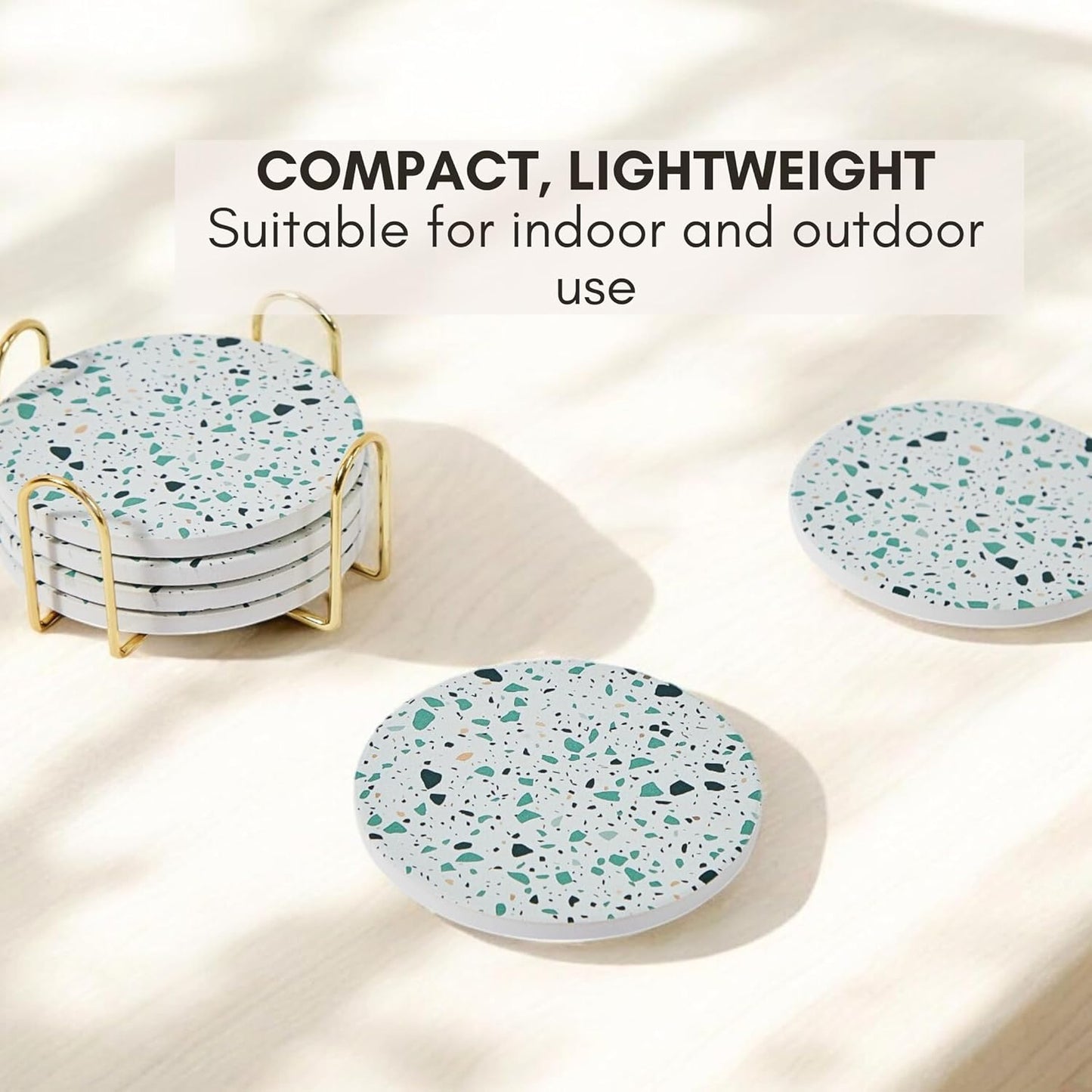 Green Terrazzo Drink Absorbent Coasters with Holder Set of 6, Ceramic Coaster for Drinks, Coffee