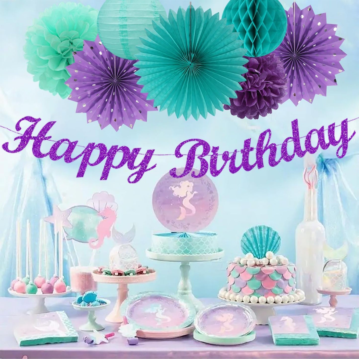 Teal-purple Lavender Girl Mermaid-birthday Party-decorations - 21pcs Happy Banner,Under The Sea