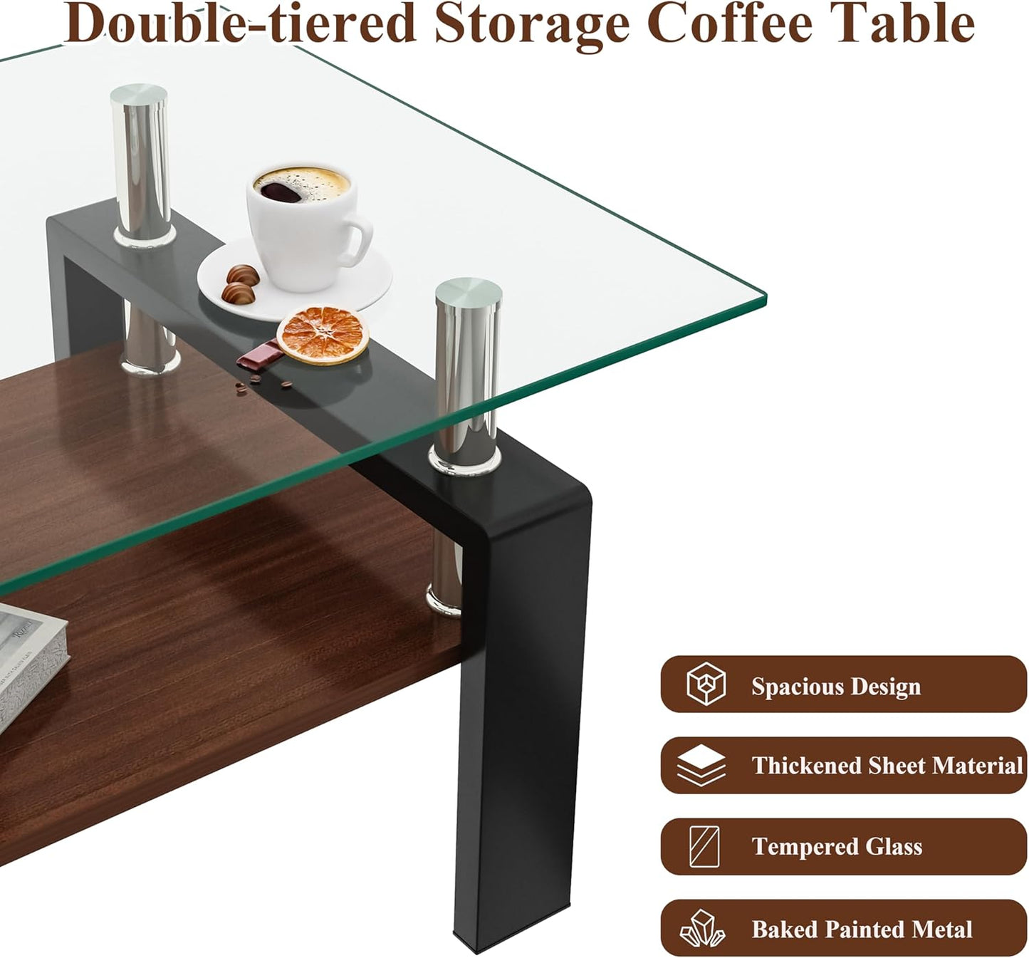 Tempered Glass Coffee Table Rectangle Living Room Center Table, with 39" Clear Top and Brown MDF